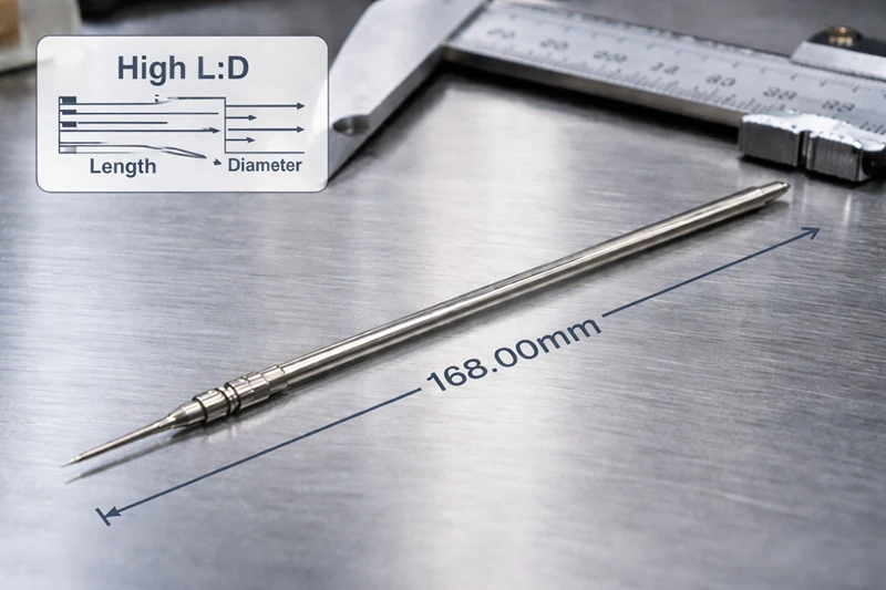 Long slender metal shaft demonstrating the high length-to-diameter ratio achievable with Swiss turning centers