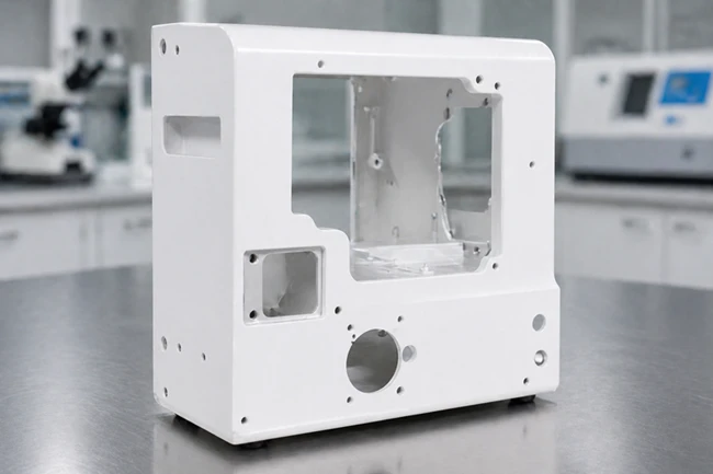 Medical grade white powder coated aluminum housing for laboratory equipment and diagnostic devices