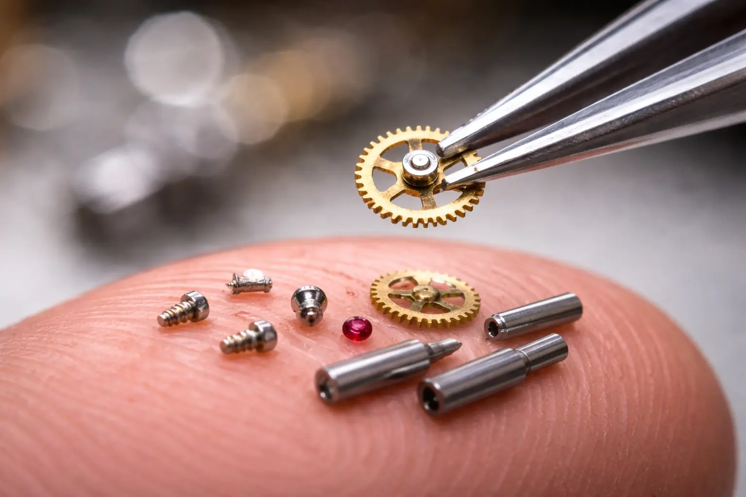 Microscopic watch components held by tweezers, illustrating the 19th-century origins of Swiss machining