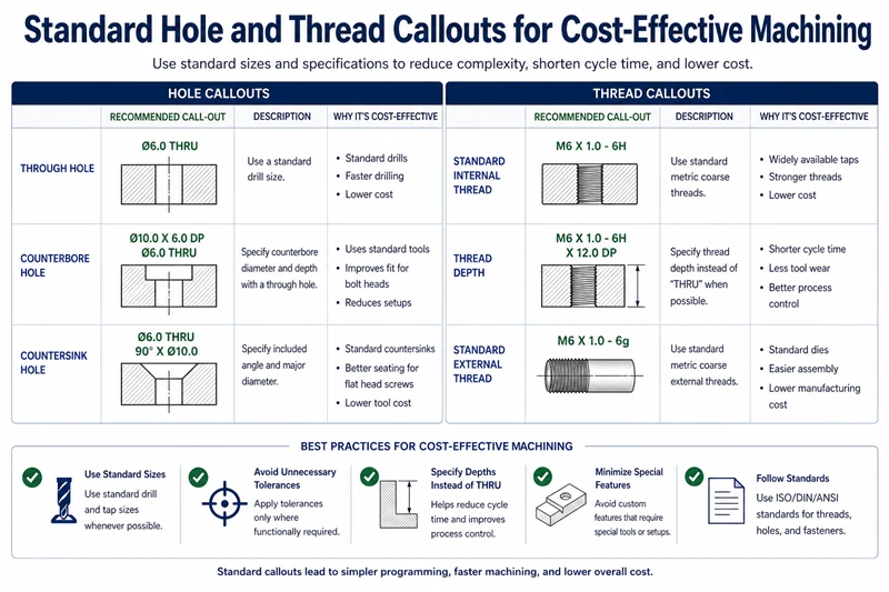 Standard hole and thread callouts for cost-effective machining