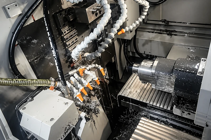 Swiss lathe guide bushing and cutting tool demonstrating excellent chip control on rigid bar stock
