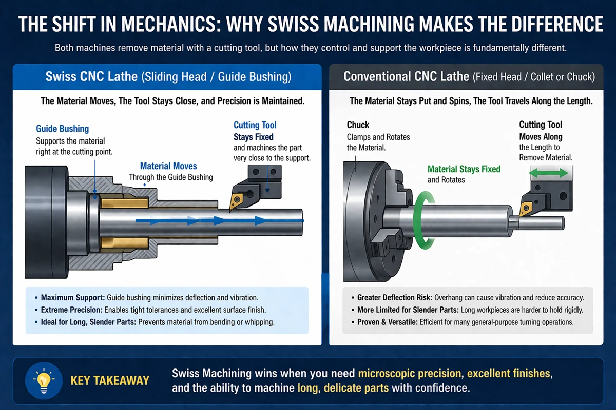 Swiss lathe guide bushing and cutting tool ensuring extreme micro-precision