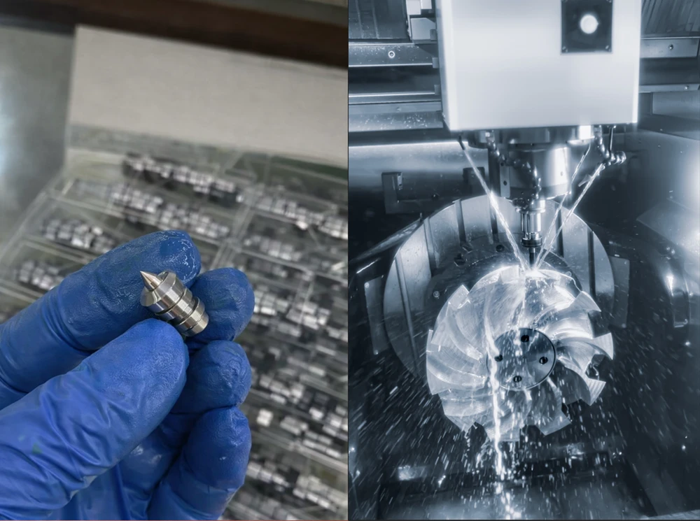 a tiny Swiss machined cylindrical part and a complex CNC milled aerospace component