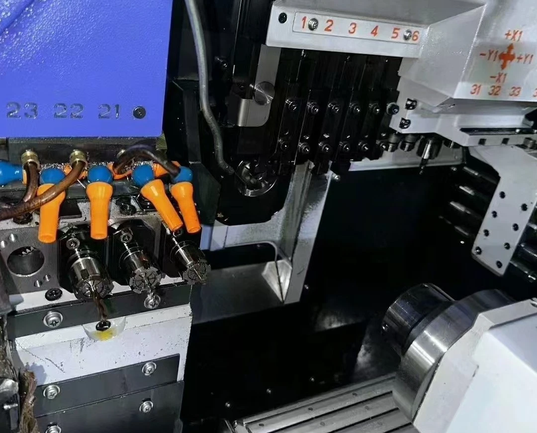 dynamic action shot inside a modern multi-axis Swiss lathes