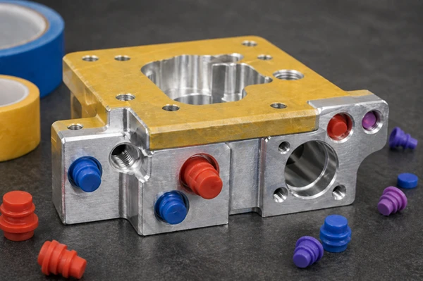 high temperature silicone plugs and custom masking tape protecting tapped threads and mating faces on an aluminum part