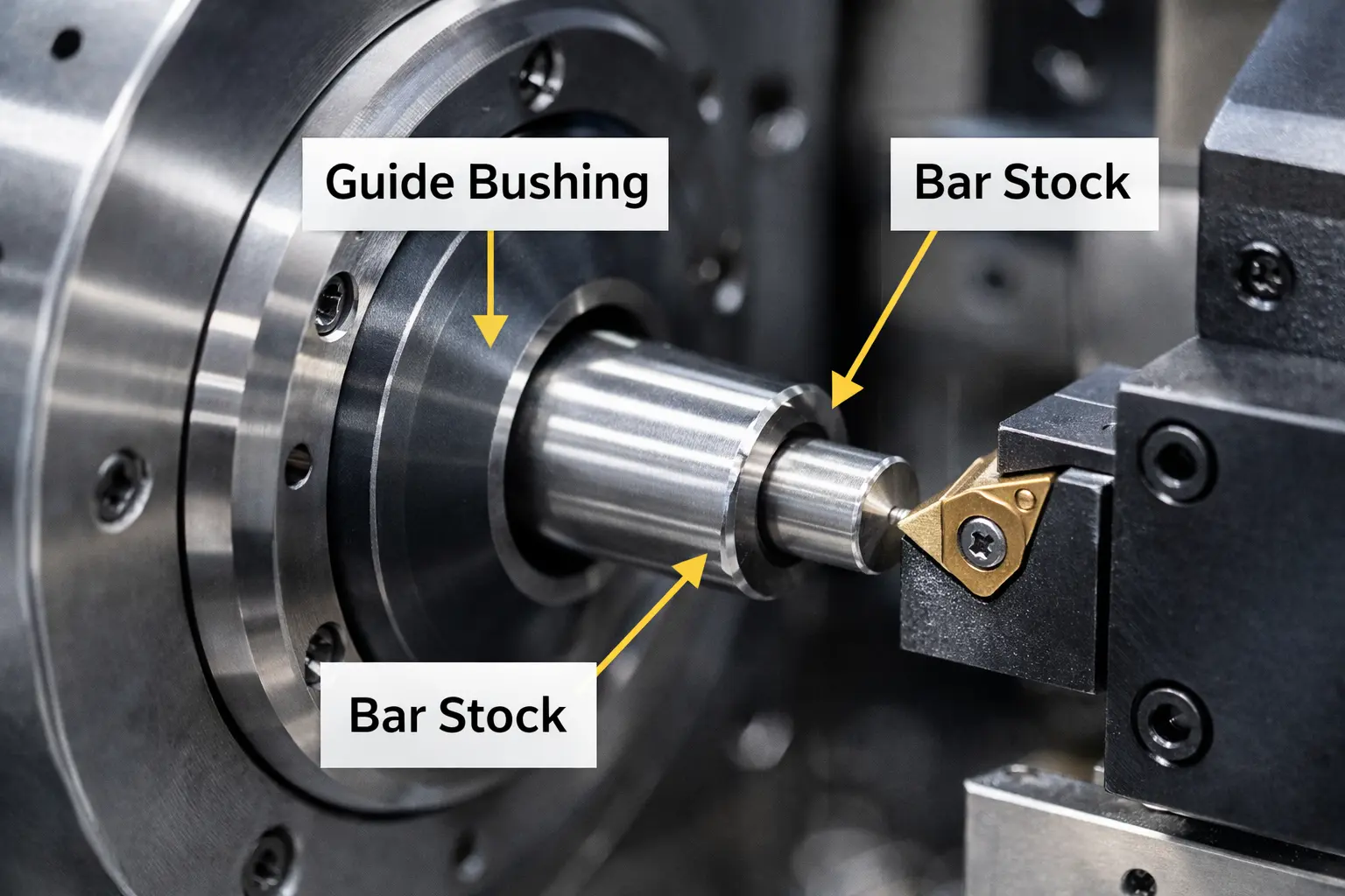 how a Swiss lathe guide bushing supports bar stock just millimeters from the cutting tool