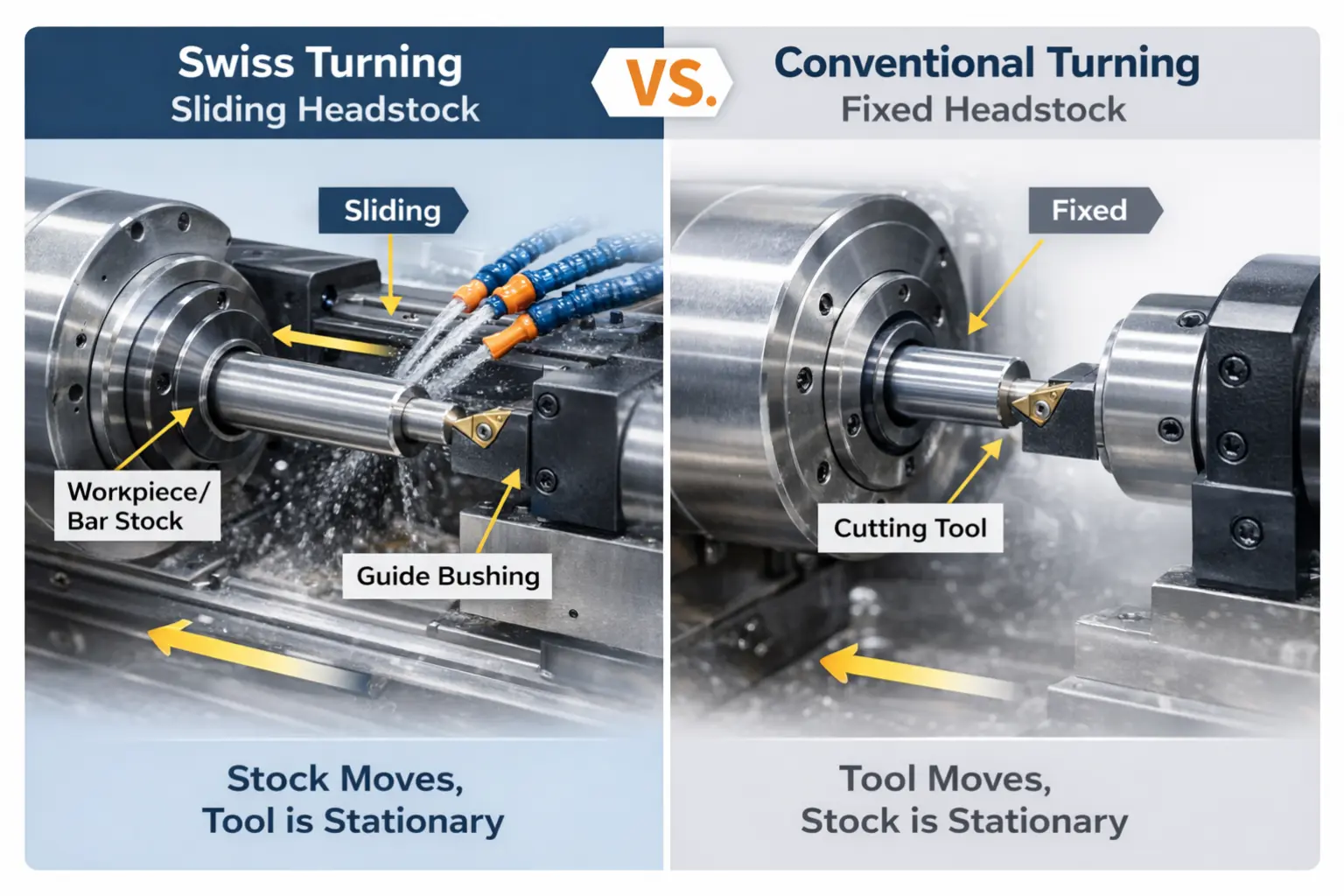 the sliding headstock movement of Swiss turning versus the fixed headstock of conventional turning