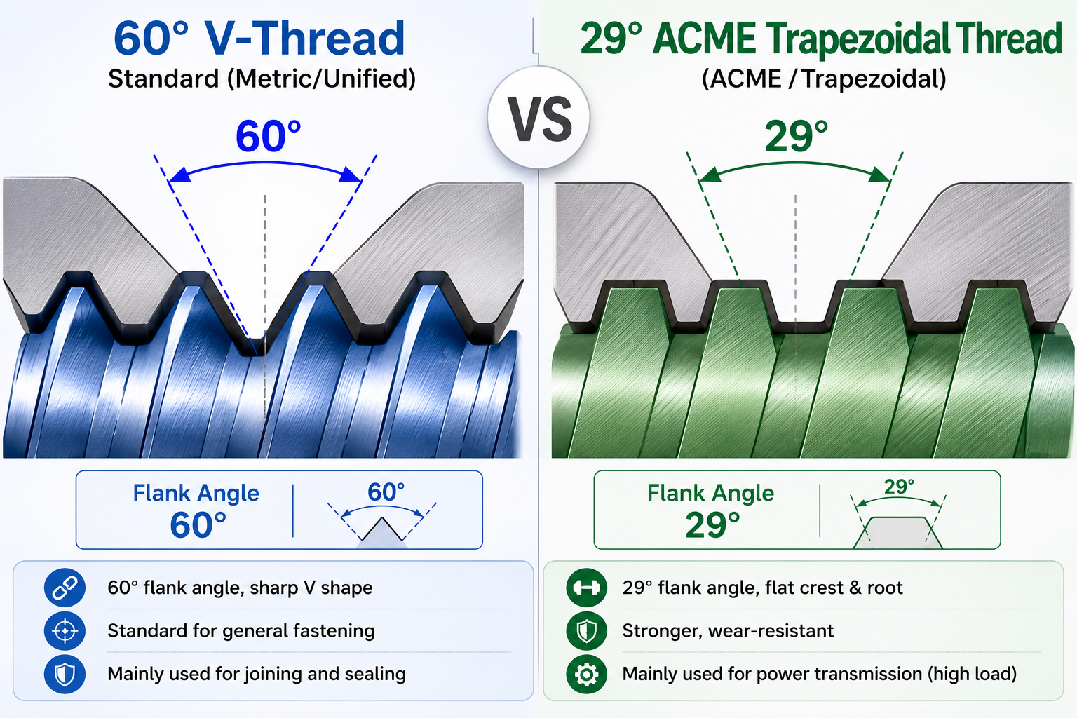 60-degree V-thread profile vs 29-degree ACME trapezoidal thread