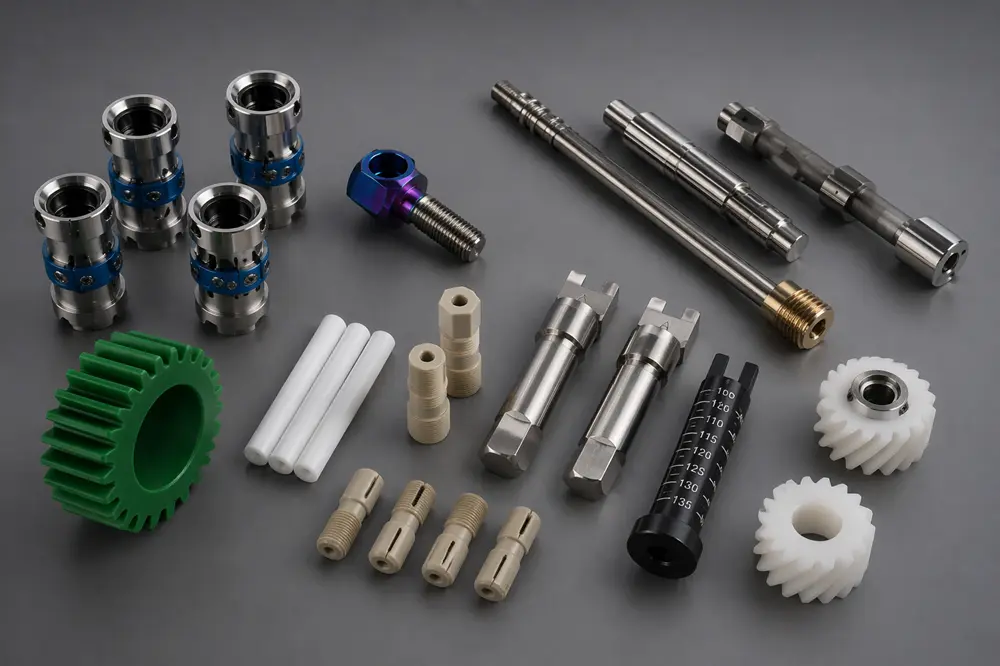 Assortment of small, long, and slender precision Swiss machined parts including pins and shafts