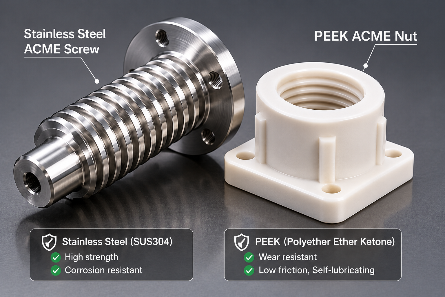 CNC machined ACME threaded parts in stainless steel  and plastic
