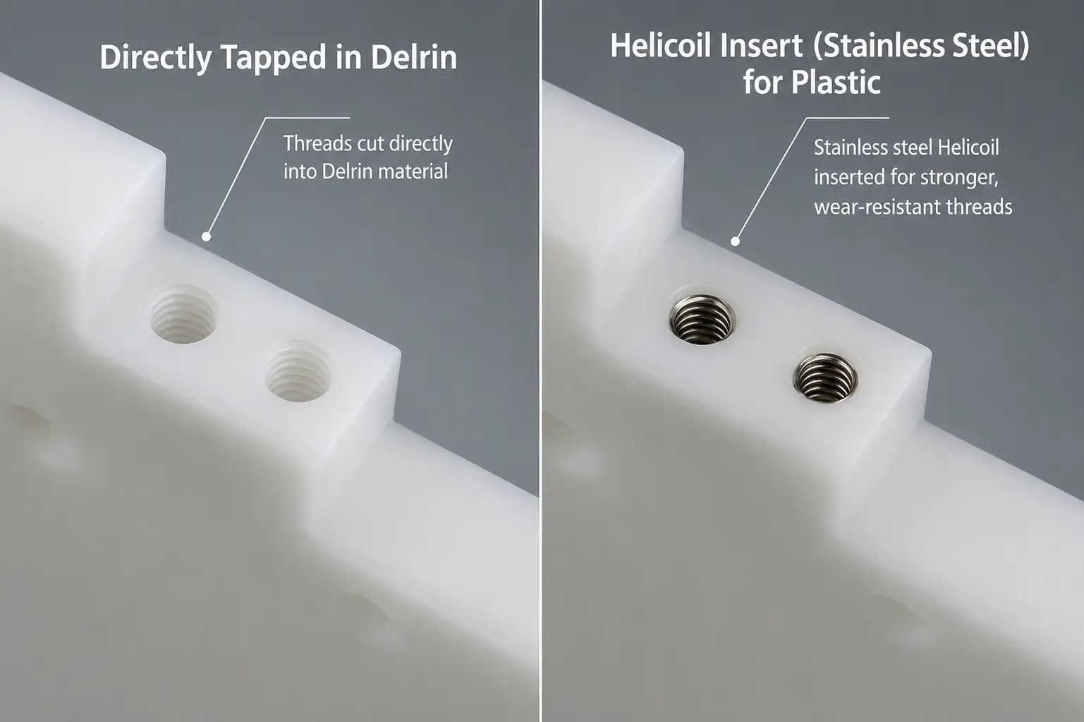 Comparison between direct tapped threads and a stainless steel Helicoil insert in Delrin Machining