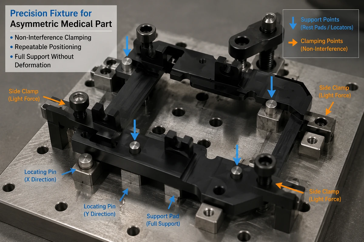 Custom CNC fixture design for Black Delrin machining ensuring uniform clamping force distribution and structural stability