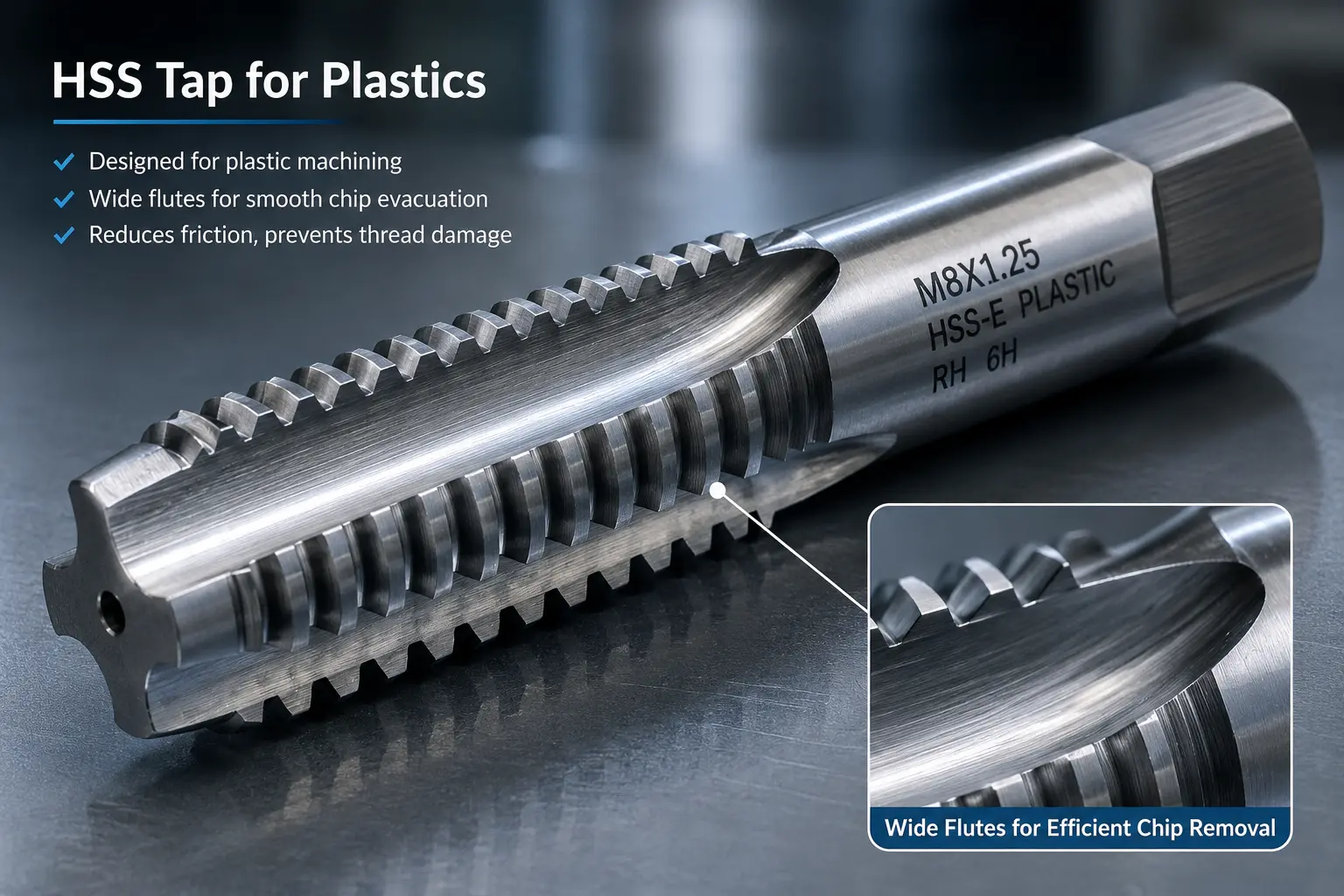 High-speed steel (HSS) tap with wide flutes specifically designed for machining Delrin