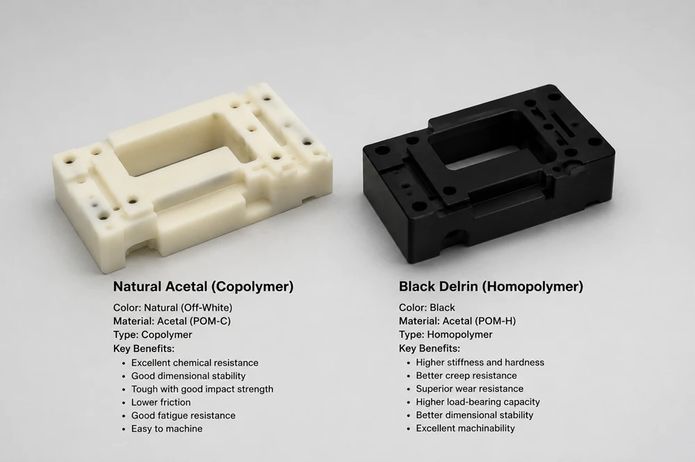 Natural Acetal (Copolymer) part vs a Black Delrin (Homopolymer) part