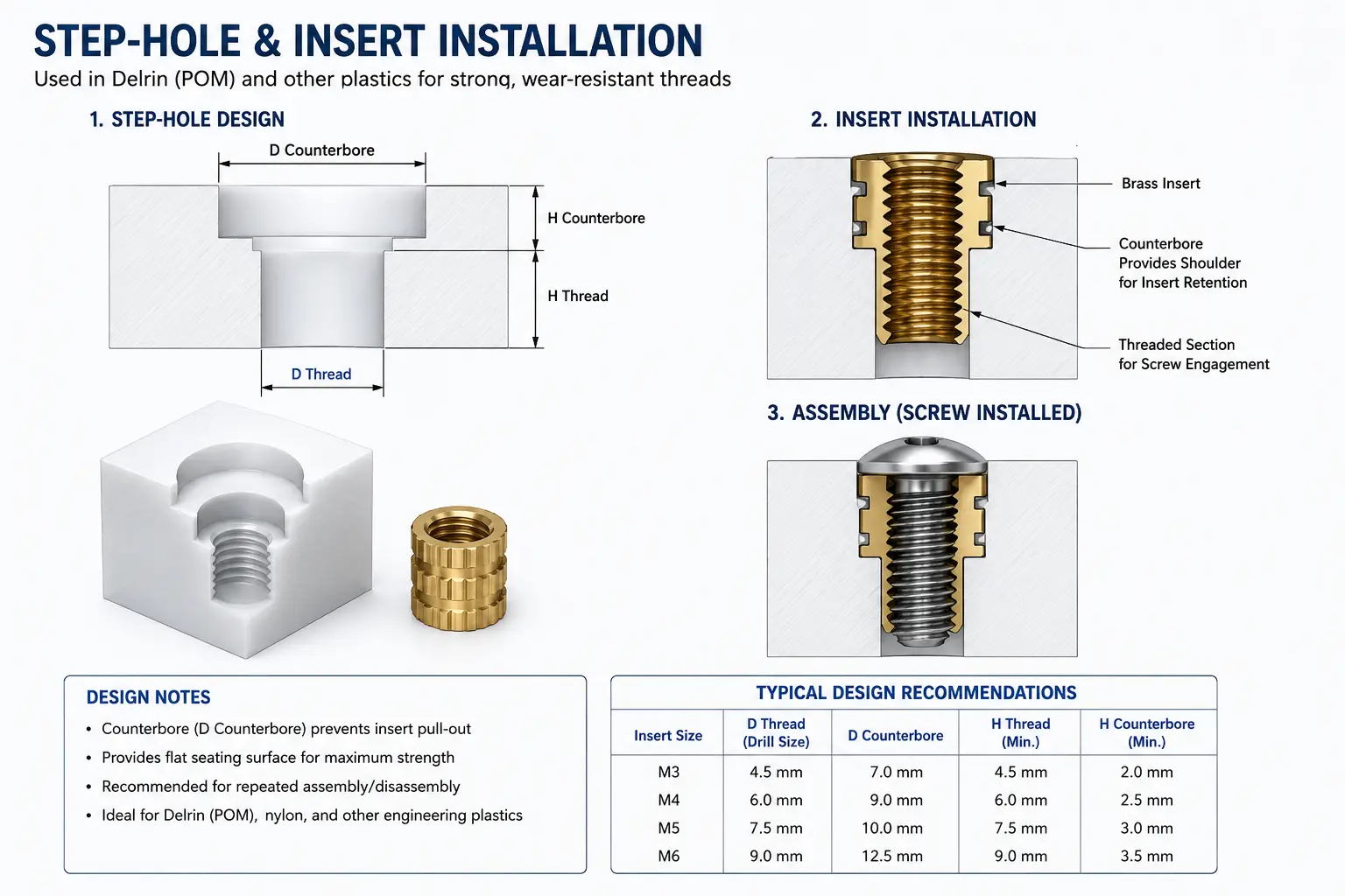 a counterbore step-hole design with a brass threaded insert in a POM component