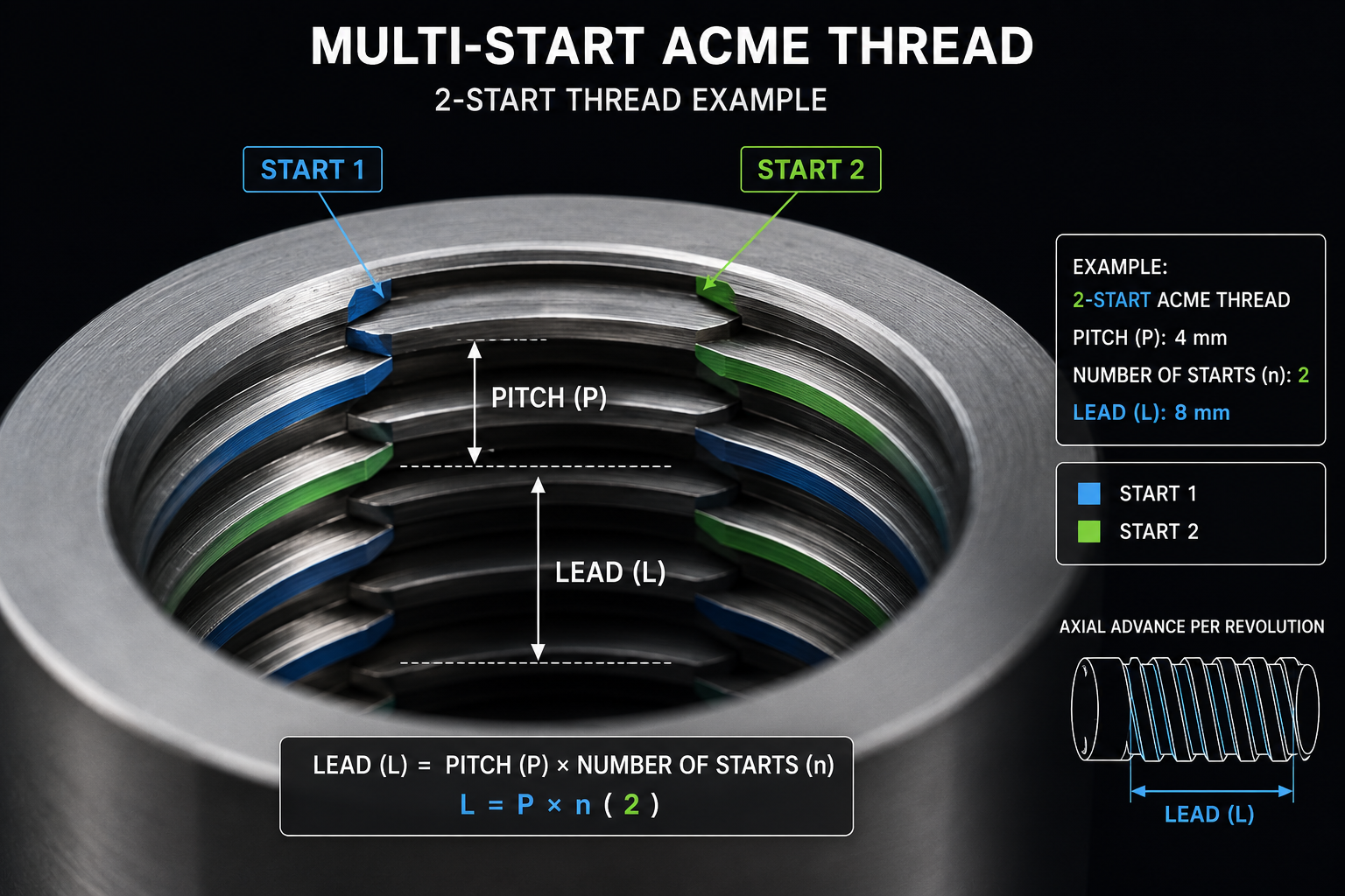 a multi-start ACME thread showing lead and pitch details for linear motion
