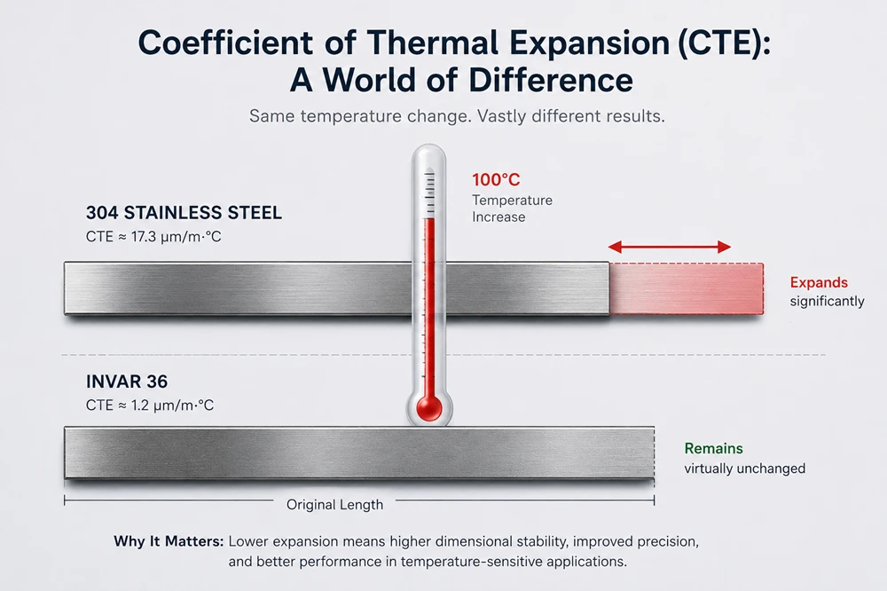 comparing the high thermal expansion of stainless steel versus the near-zero dimensional expansion of Invar 36 under heat