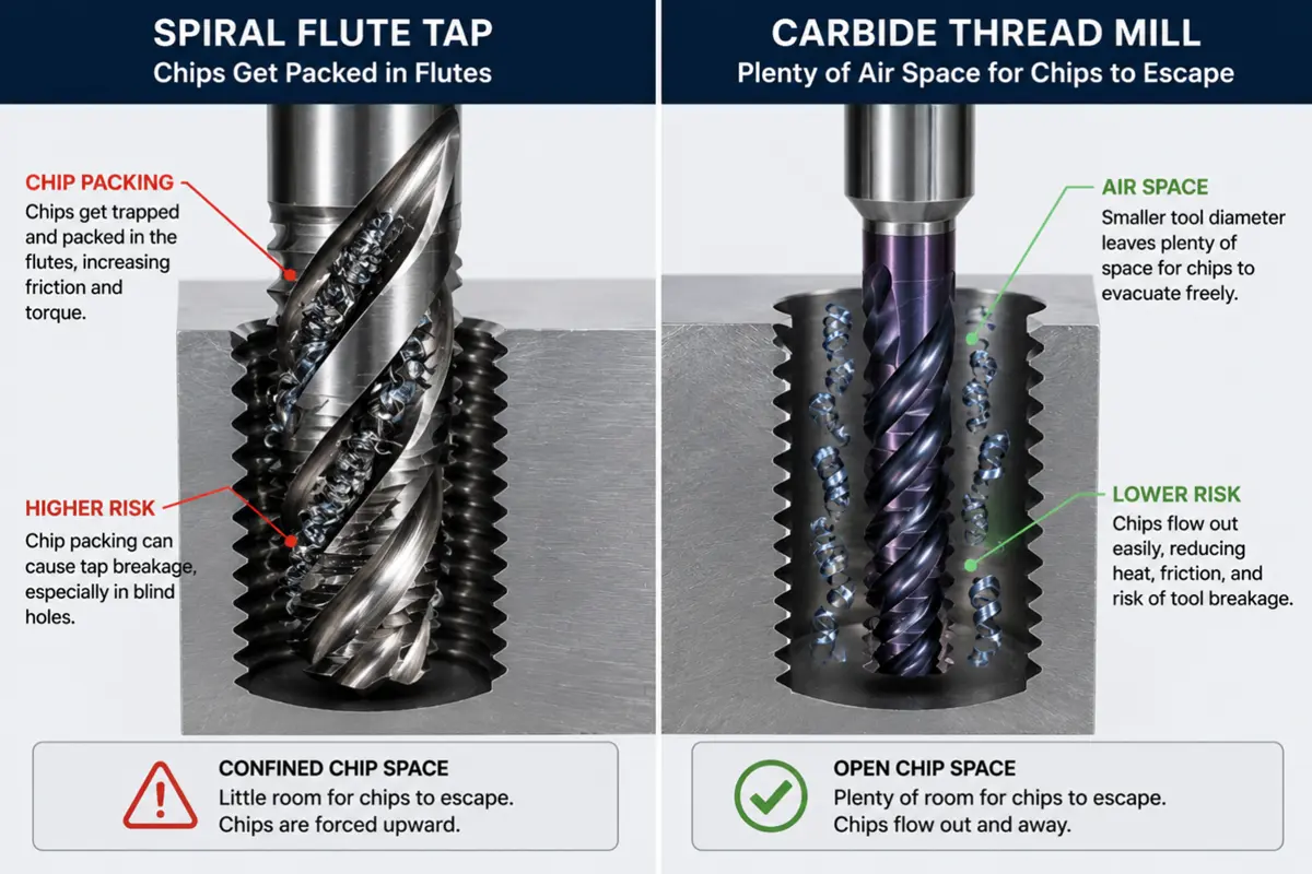 chip evacuation comparison between tapping and thread milling