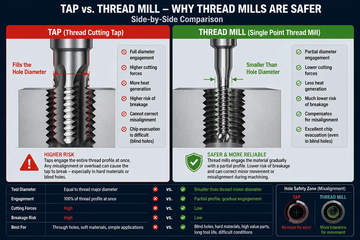 comparison between tapping and single point thread milling for CNC threaded holes