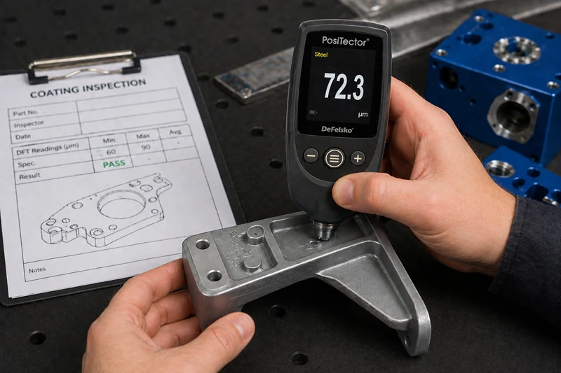 Quality control inspector using a digital DFT gauge to verify exact powder coating thickness on a machined metal component