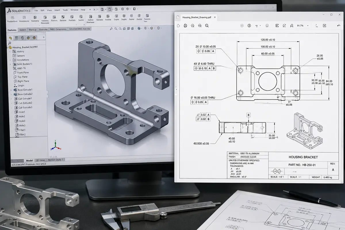 3D CAD model and 2D drawing for prototype quoting