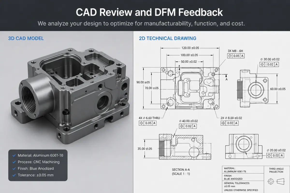 3D CAD model and 2D engineering drawing used for DFM review
