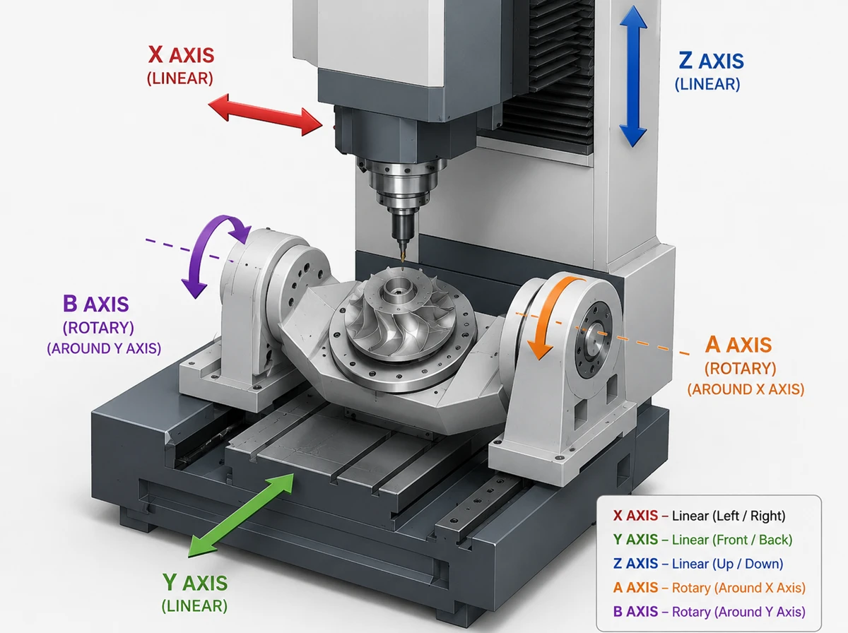 Technical diagram showing the five axes of movement in CNC machining, including X, Y, Z linear and A, B rotational axes