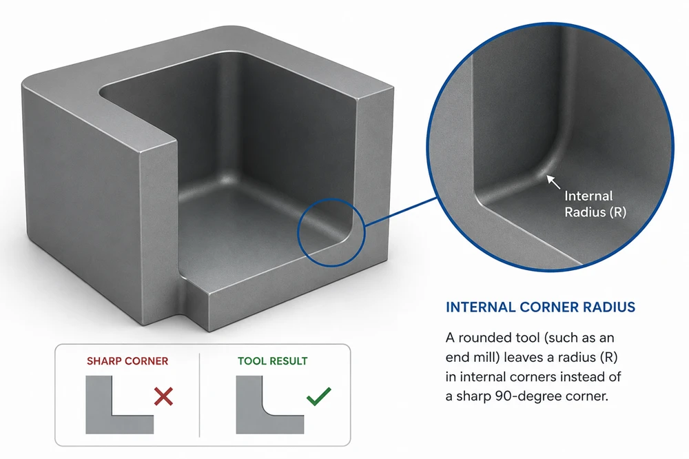 CNC design for manufacturability (DFM) graphic showing optimized internal radii for smoother tool transitions.