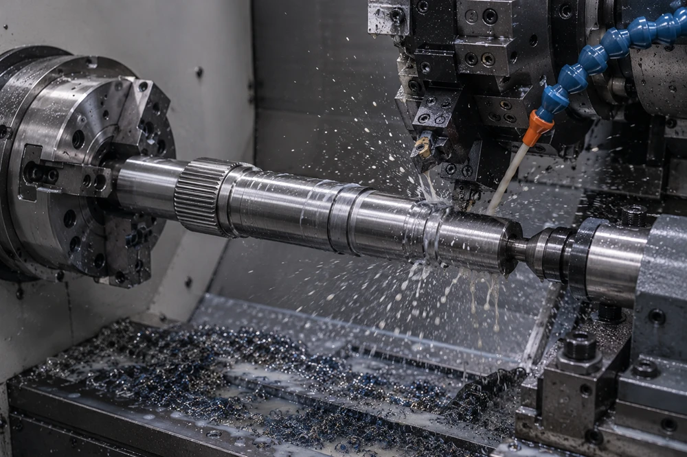 A CNC lathe in the process of turning a long 4140 steel shaft