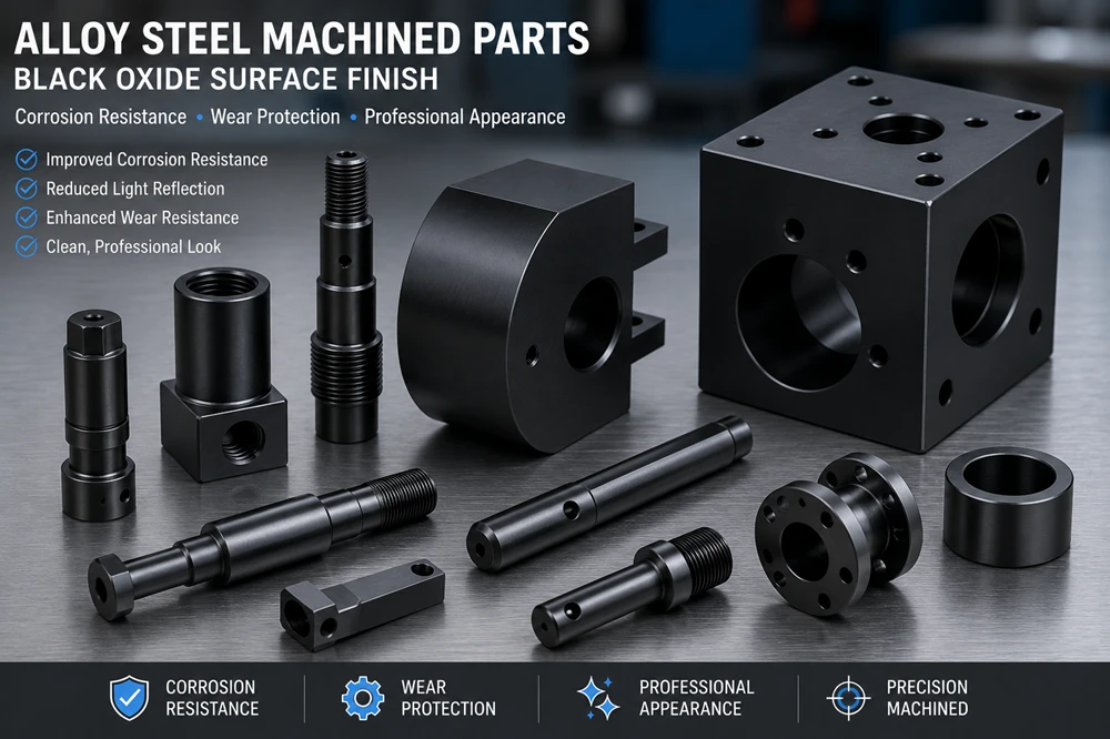  Alloy steel machined parts with black oxide surface finish for corrosion resistance.
