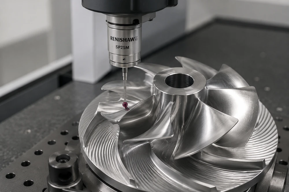 Quality control team using a CMM to verify dimensional tolerances of ±0.005 mm on a 5-axis machined part.