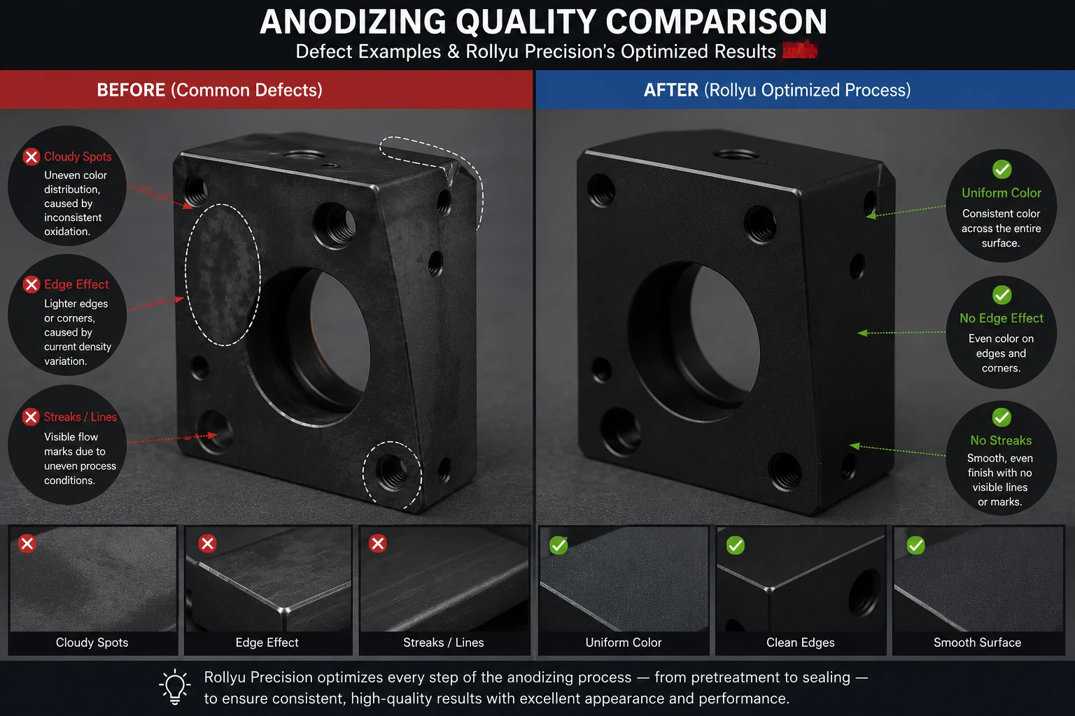 Comparison between uneven anodizing color defects and uniform high-quality anodized finish