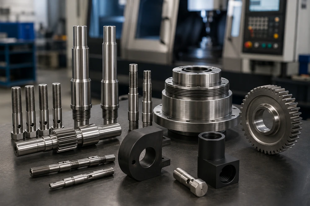 Custom CNC machined alloy steel parts including shafts and gears for industrial applications