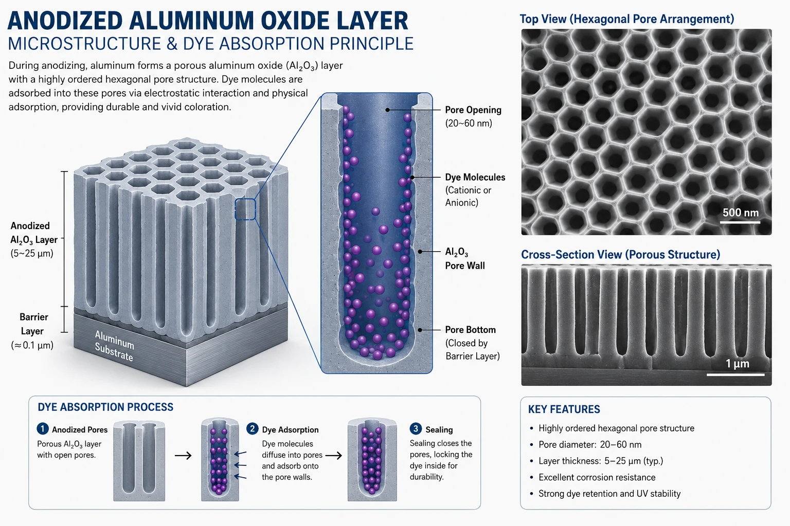 Microscopic structure of anodized aluminum oxide layer showing dye absorption pores