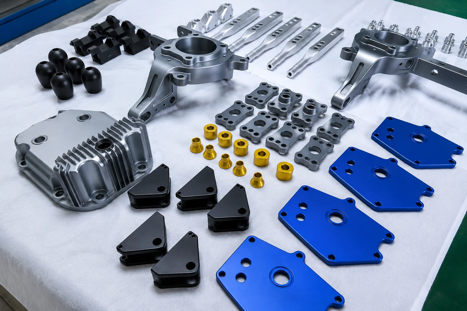Precision CNC machined aluminum parts with black, clear, and dark bronze anodized finishes Rollyu Precision