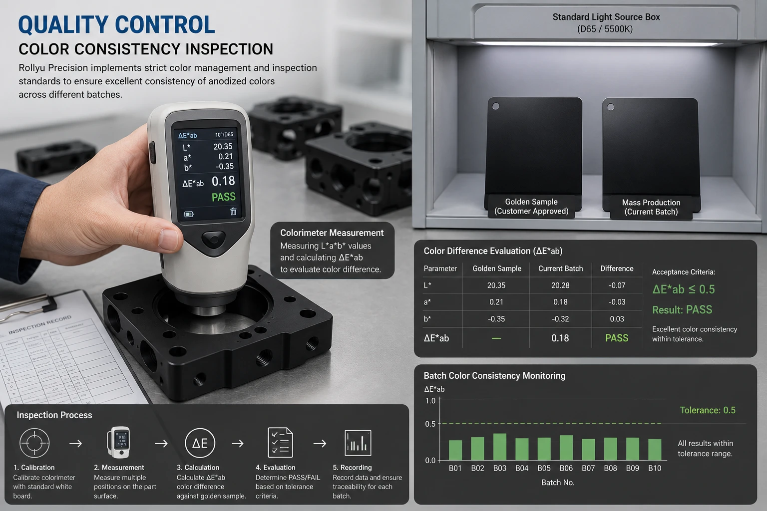 Quality control inspection of anodized aluminum color difference using a colorimeter