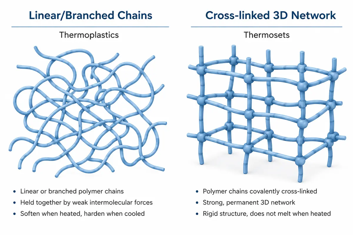 Thermoplastic chains vs thermoset cross-linked structure