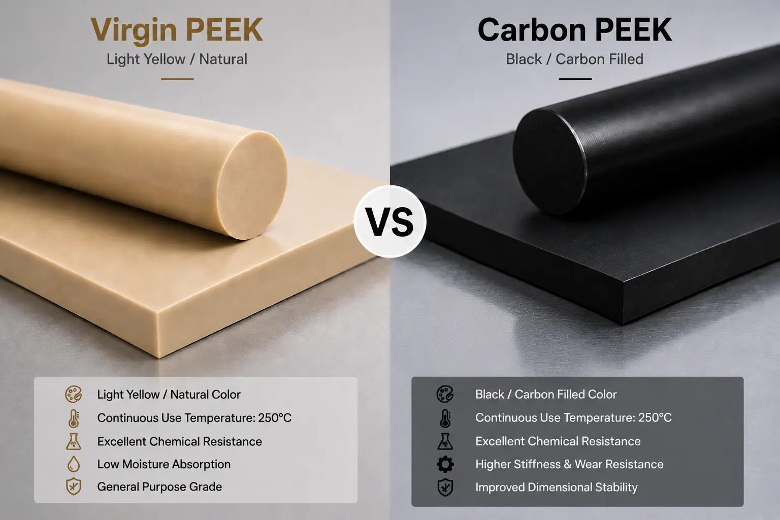 Virgin PEEK and carbon filled PEEK materials used for CNC machined parts
