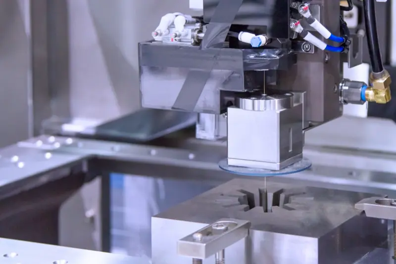 Wire EDM machine cutting a precision metal component