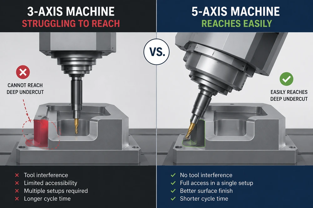 Comparison between 3-axis and 5-axis CNC machining showing the superior tool reach and accessibility of 5-axis systems