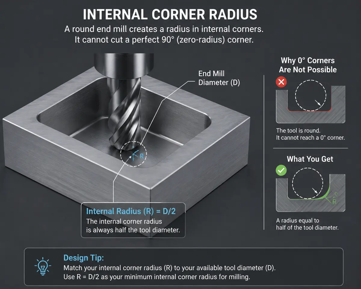 End mill creates internal corner radius