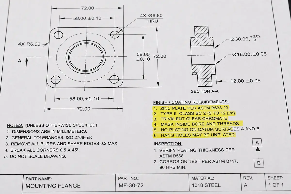 Engineering drawing with zinc plating callout