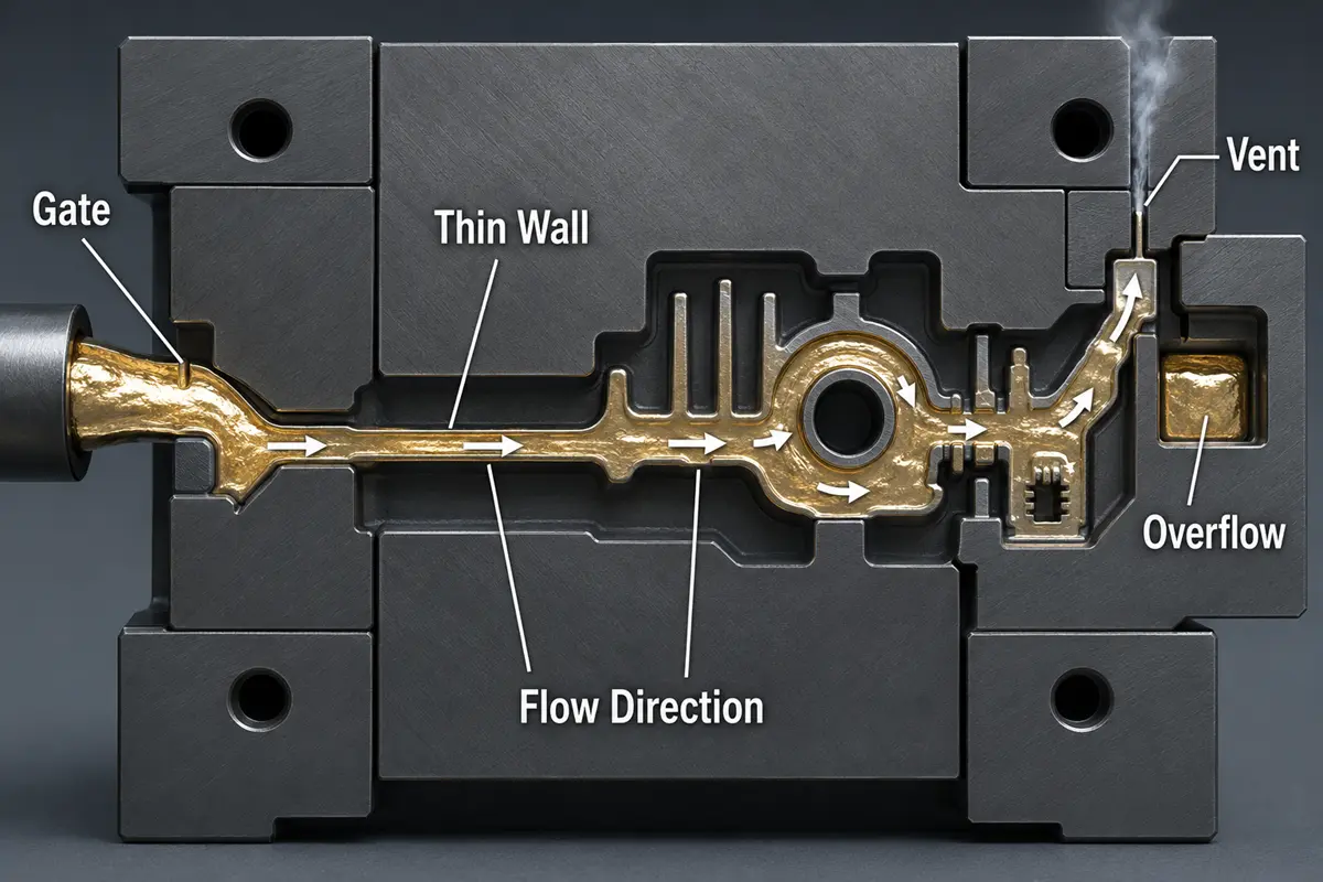 Molten zinc flow through a thin-wall die