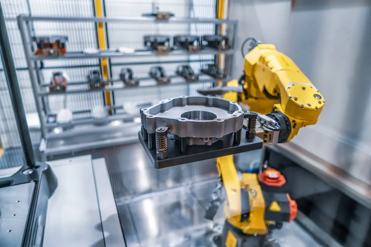 Robot arm handling cast aluminum housing