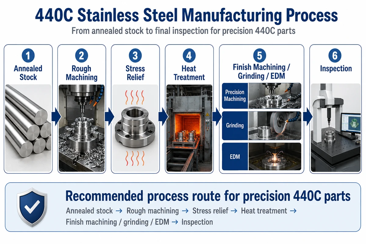 440C stainless steel manufacturing process from rough machining and heat treatment to grinding and final inspection
