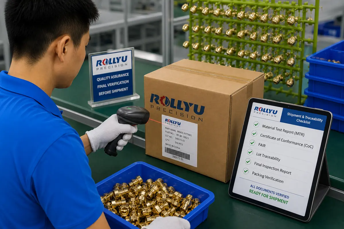 A quality inspector in gloves scanning a barcode on a packaged box of finished parts