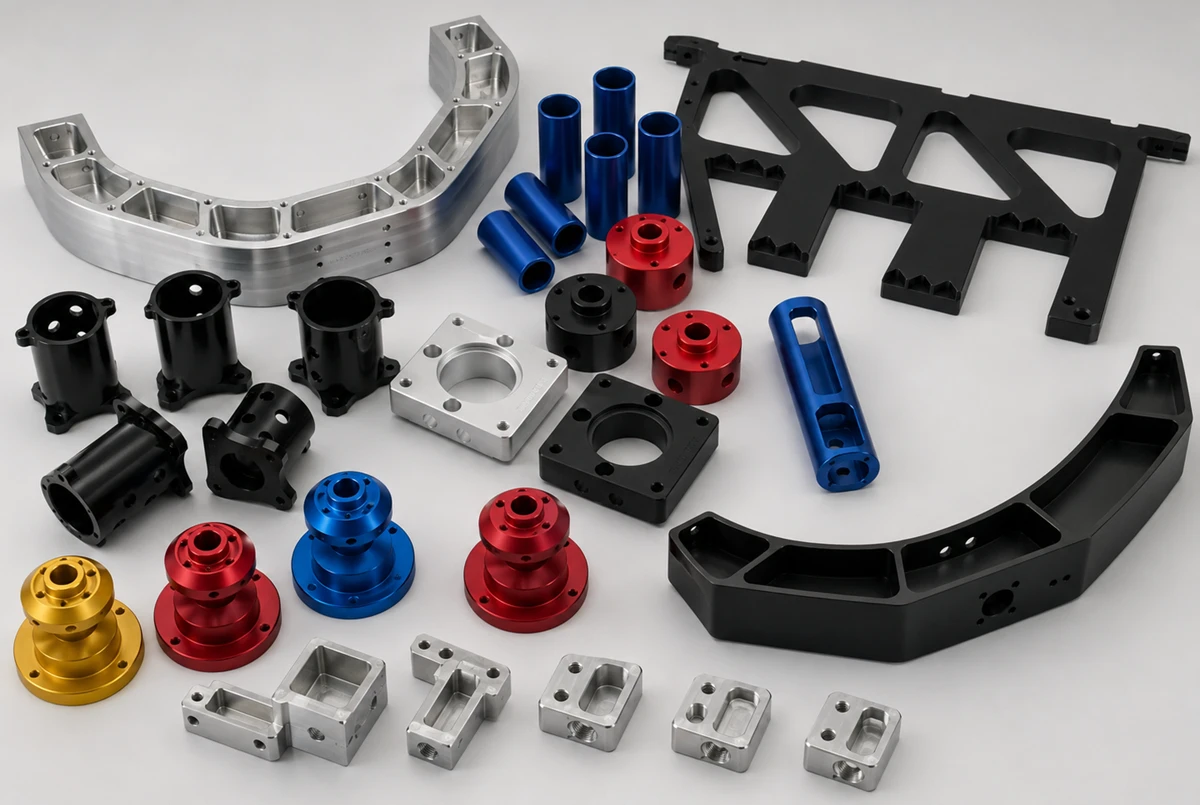 Anodized aluminum colors on precision CNC machined parts showing black blue red gold and clear anodized finishes