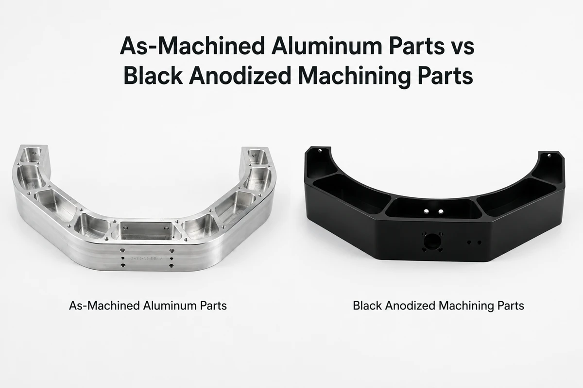 As machined aluminum CNC component compared with a black anodized machined aluminum component