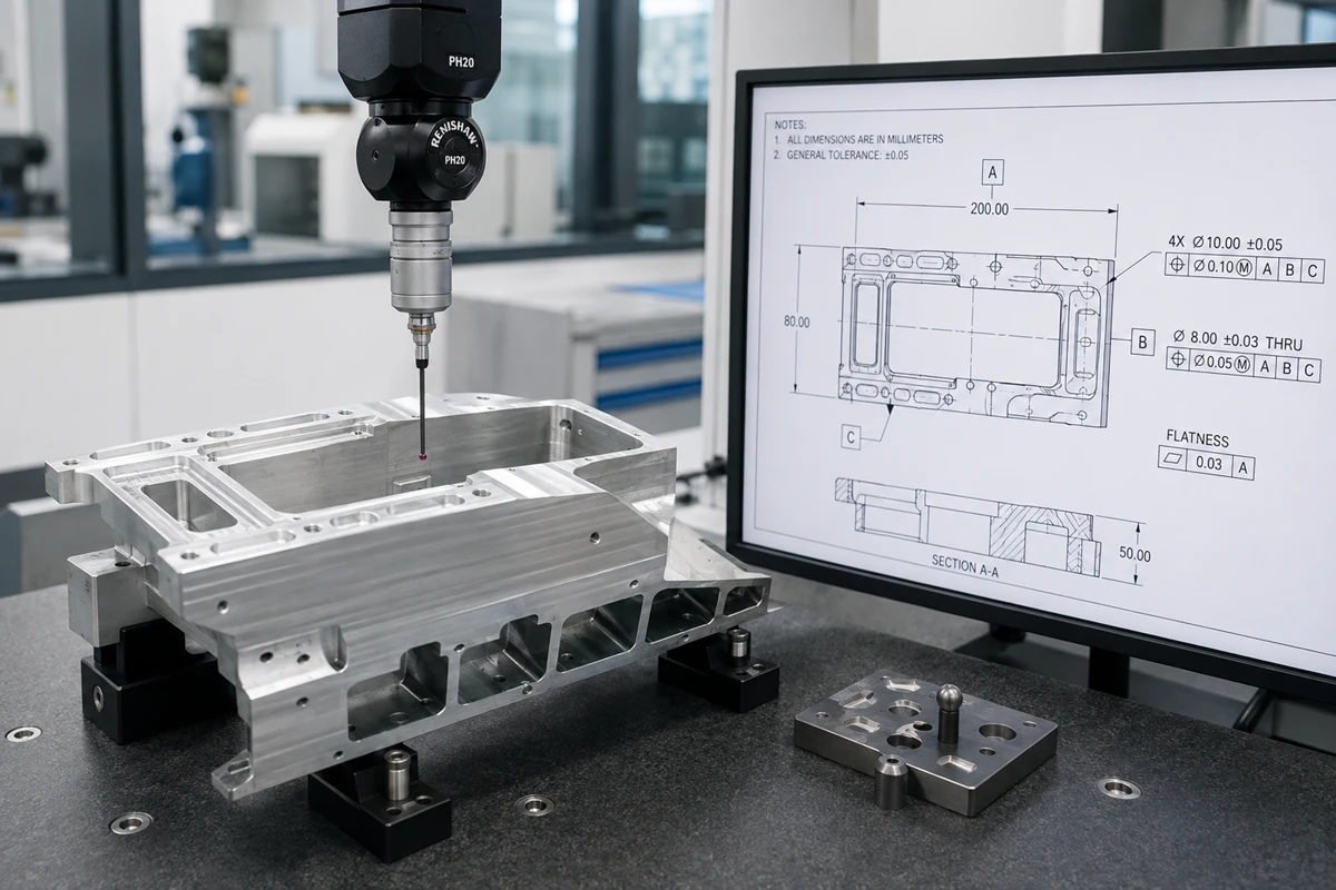 CMM inspection of CNC machined part with GD T datums and critical tolerances