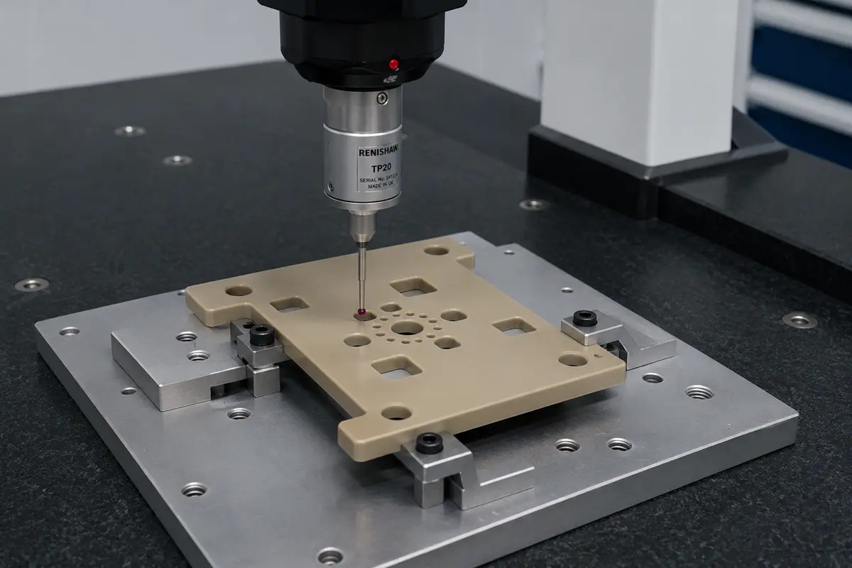 CMM probe measuring flatness and geometric tolerances of a CNC machined semiconductor wafer handling tool